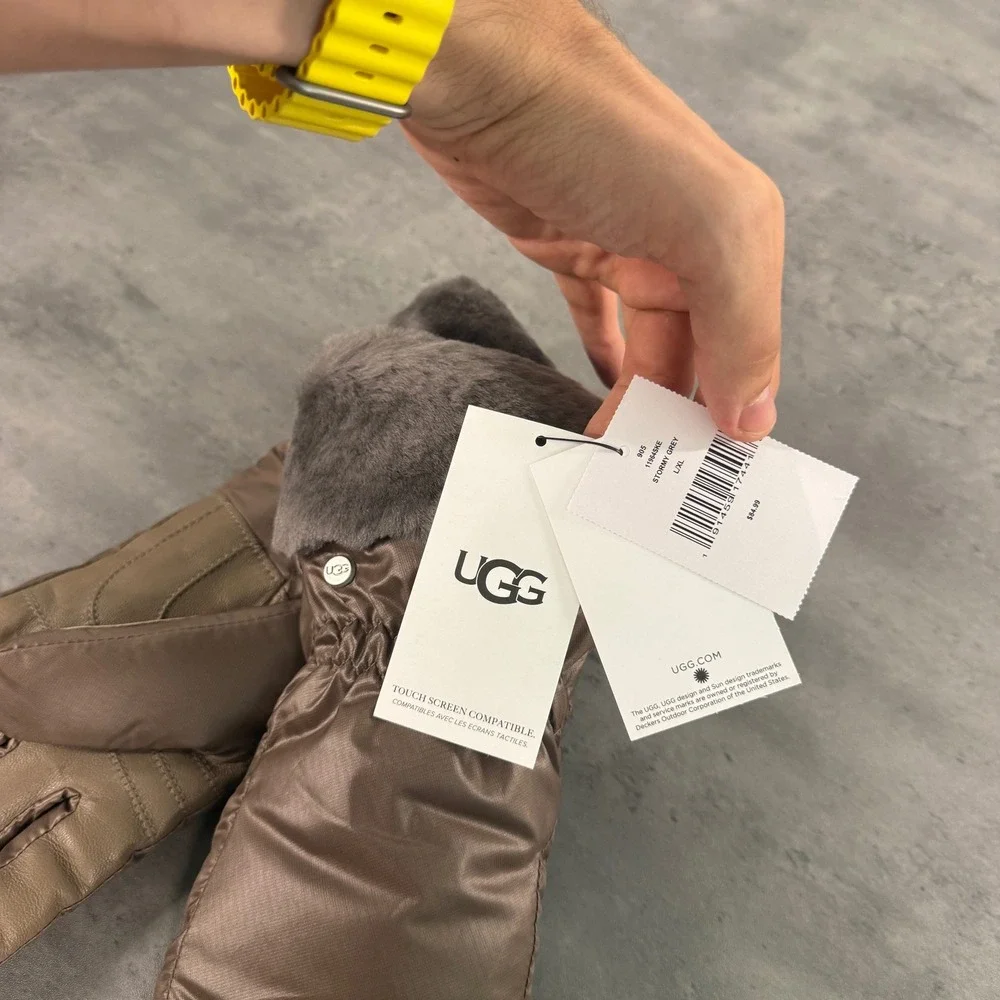 UGG Quilted Tech Gloves Women L/XL Stormy Grey Bronze Brown Shearling Leather